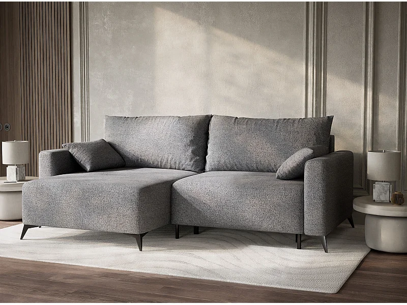 Canapé d'angle gauche avec fonction lit en tissu tressé gris LEON