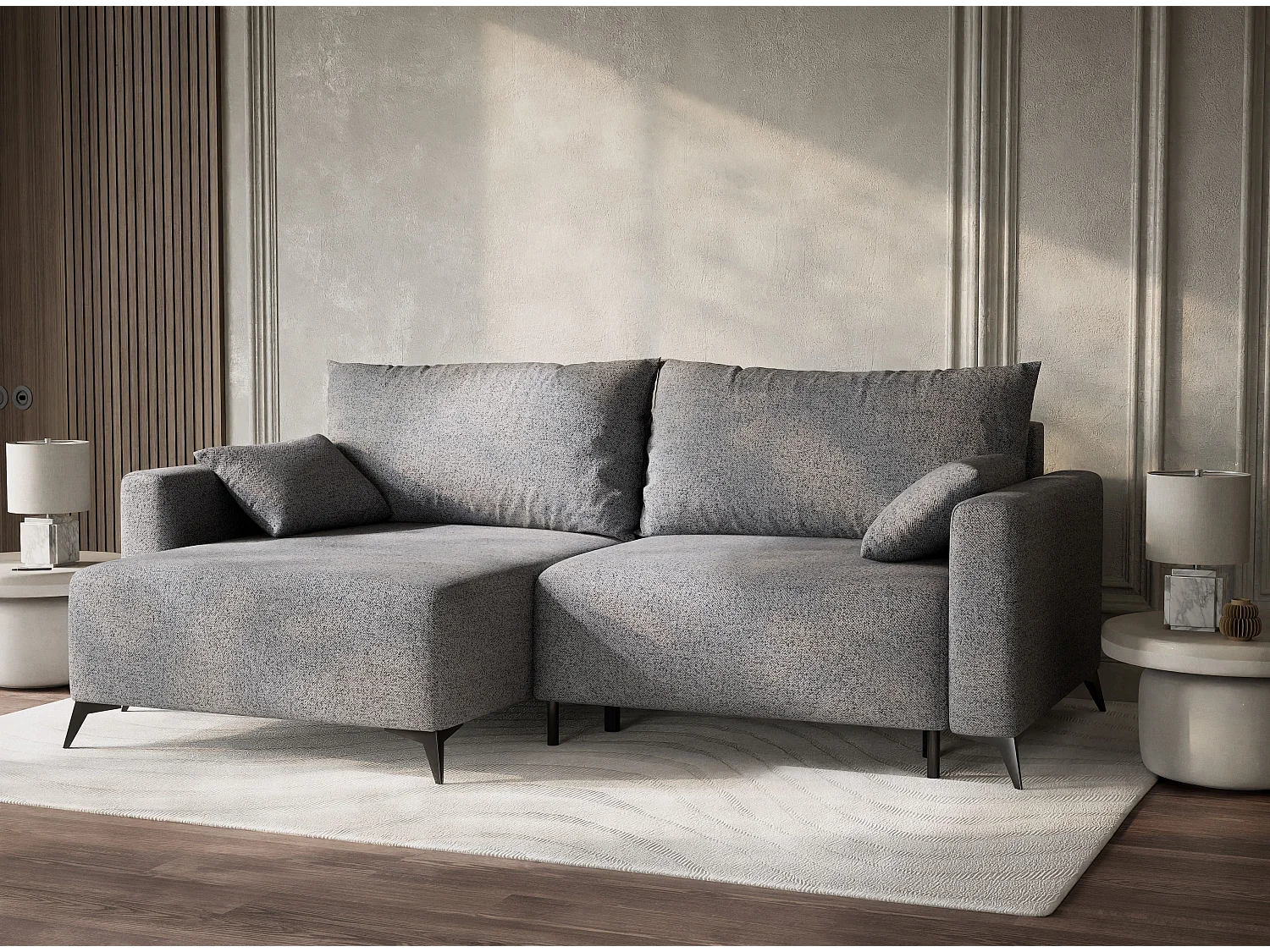 Canapé d'angle gauche avec fonction lit en tissu tressé gris LEON