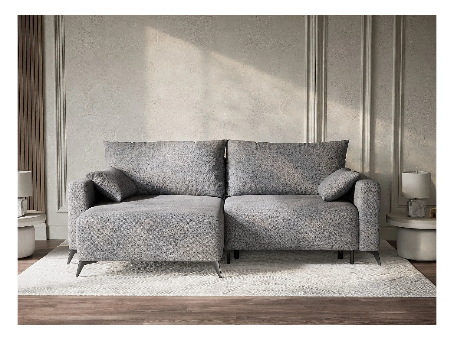 Canapé d'angle gauche avec fonction lit en tissu tressé gris LEON