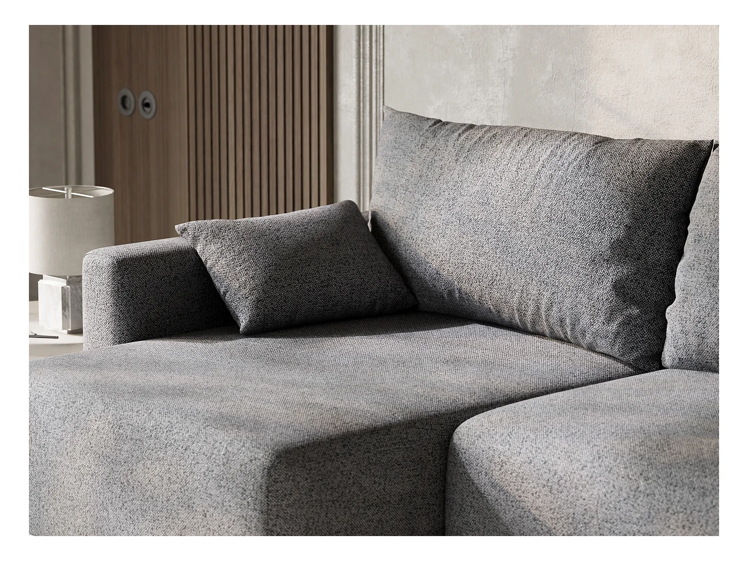 Canapé d'angle gauche avec fonction lit en tissu tressé gris LEON