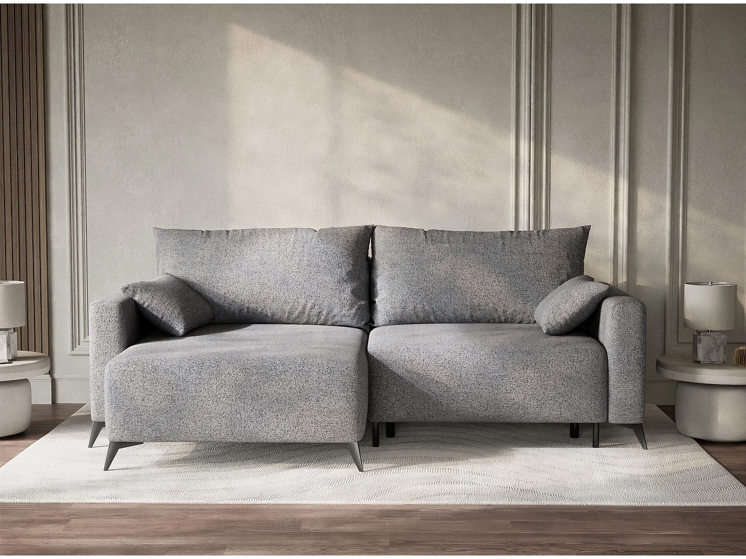 Canapé d'angle gauche avec fonction lit en tissu tressé gris LEON