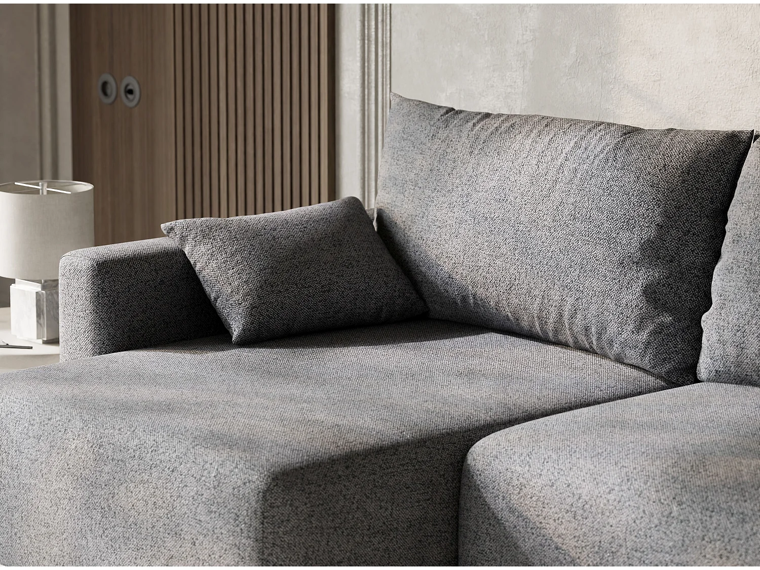 Canapé d'angle gauche avec fonction lit en tissu tressé gris LEON