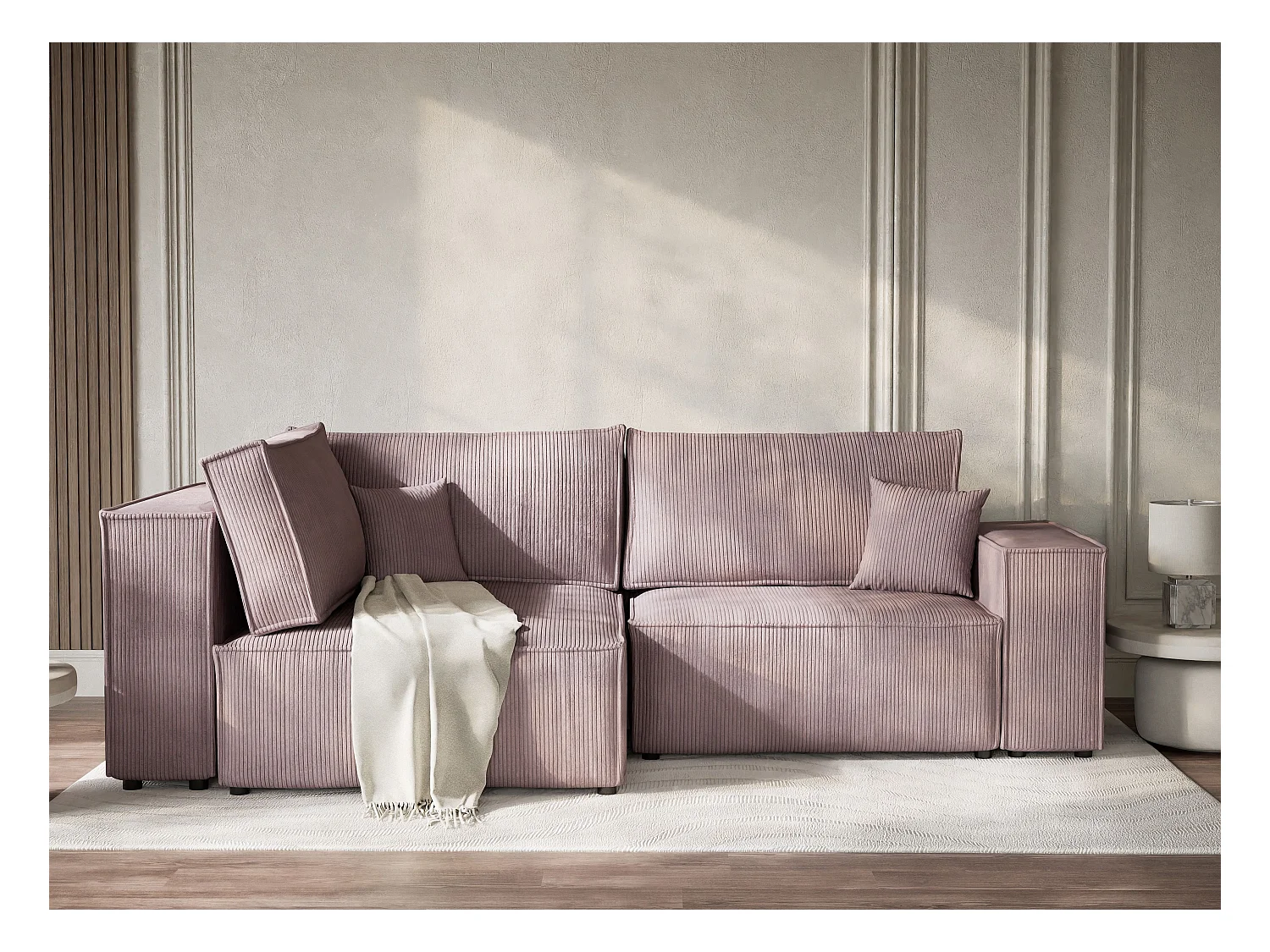 Canapé d'angle gauche avec fonction lit en velours violet TONGA