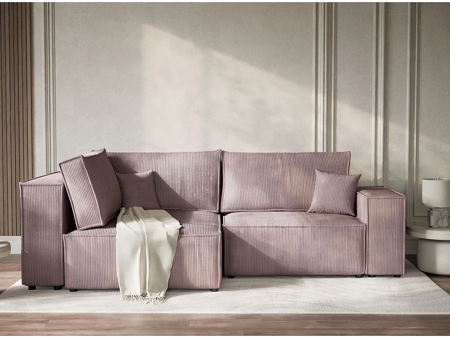 Canapé d'angle gauche avec fonction lit en velours violet TONGA