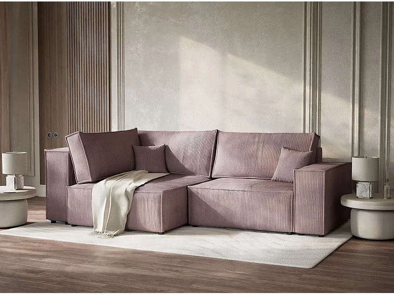 Canapé d'angle gauche avec fonction lit en velours violet TONGA