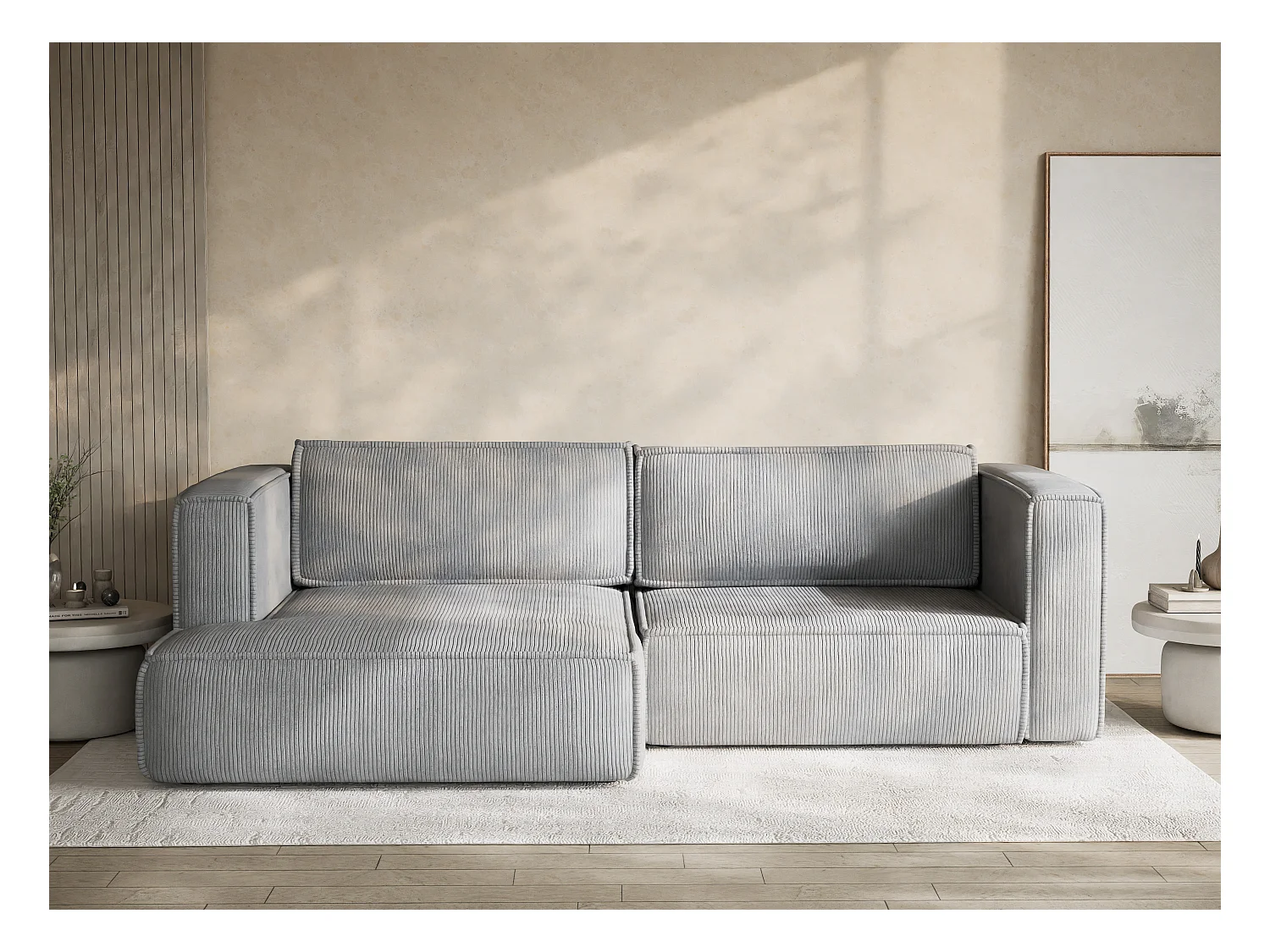 Canapé d'angle gauche avec fonction lit en velours gris clair VELTO