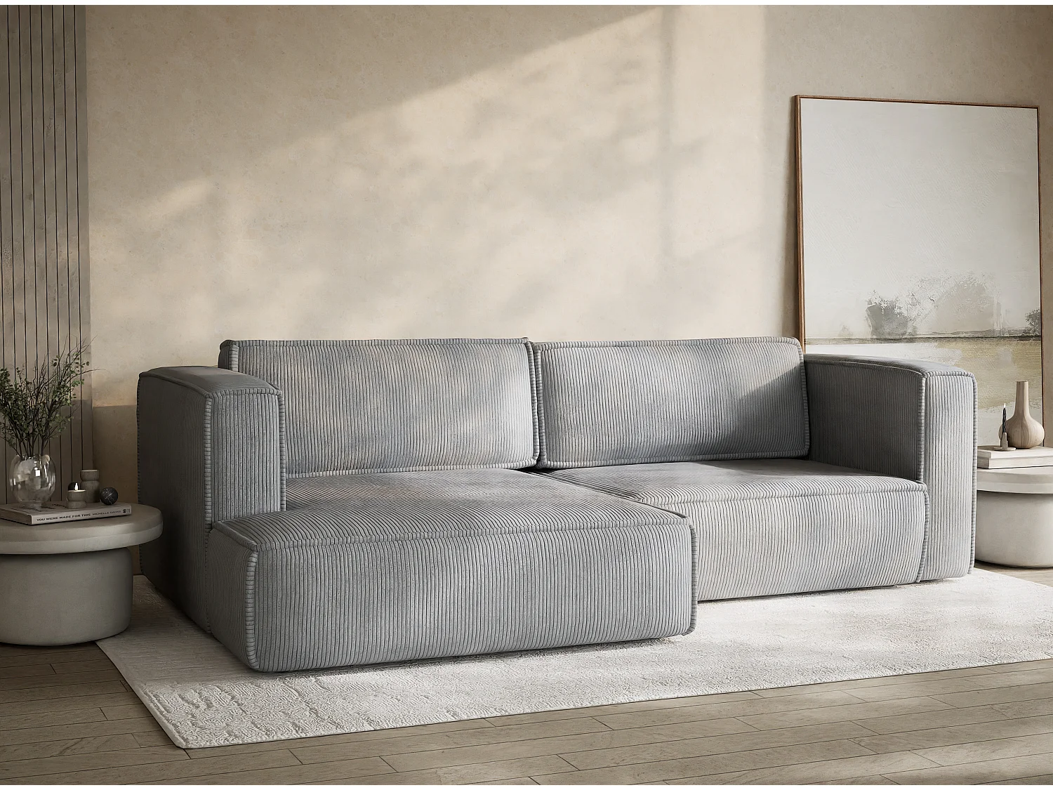 Canapé d'angle gauche avec fonction lit en velours gris clair VELTO