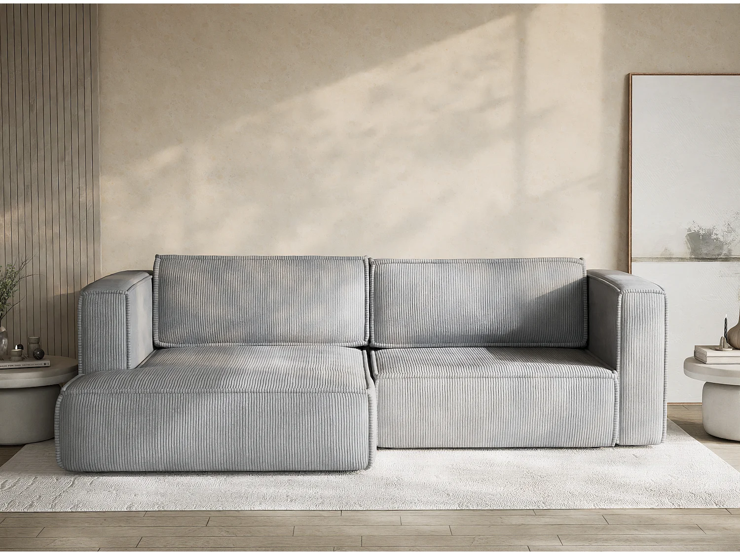 Canapé d'angle gauche avec fonction lit en velours gris clair VELTO