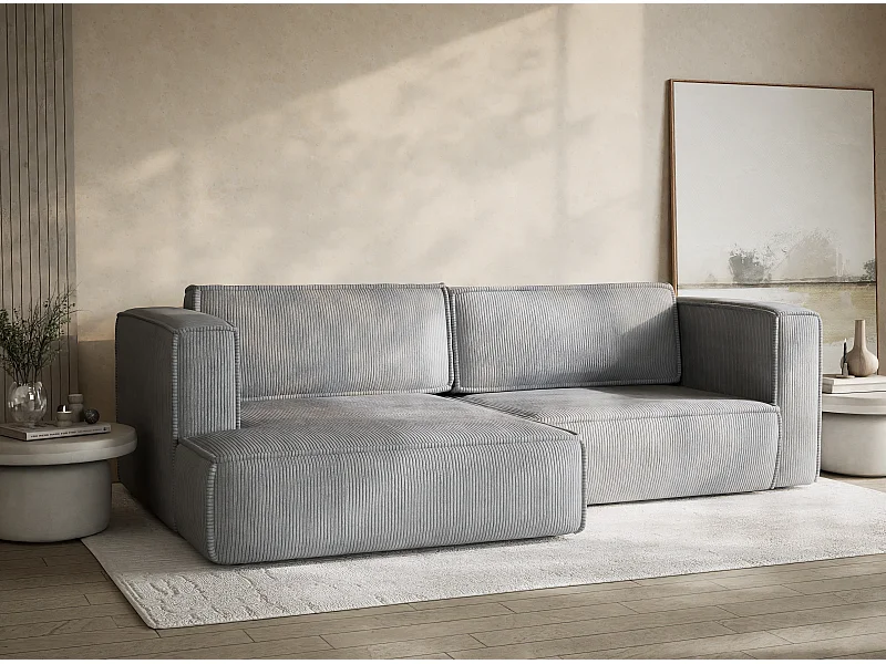 Canapé d'angle gauche avec fonction lit en velours gris clair VELTO