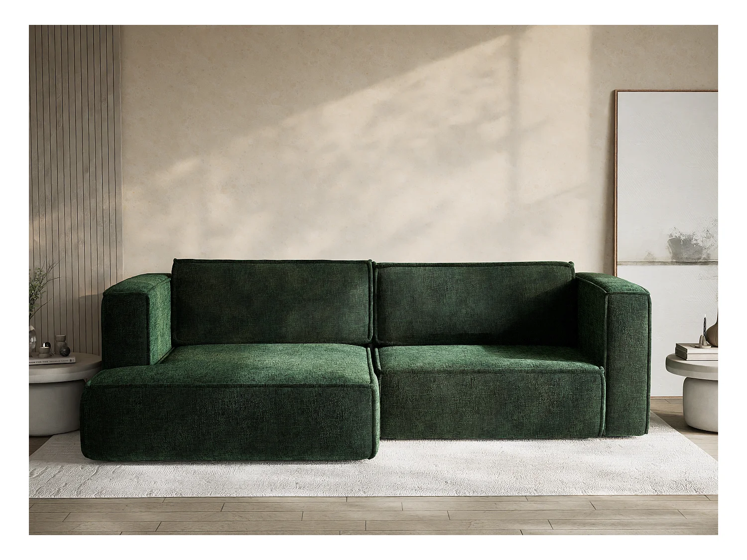 Canapé d'angle gauche avec fonction lit en tissu chenille vert foncé VELTO