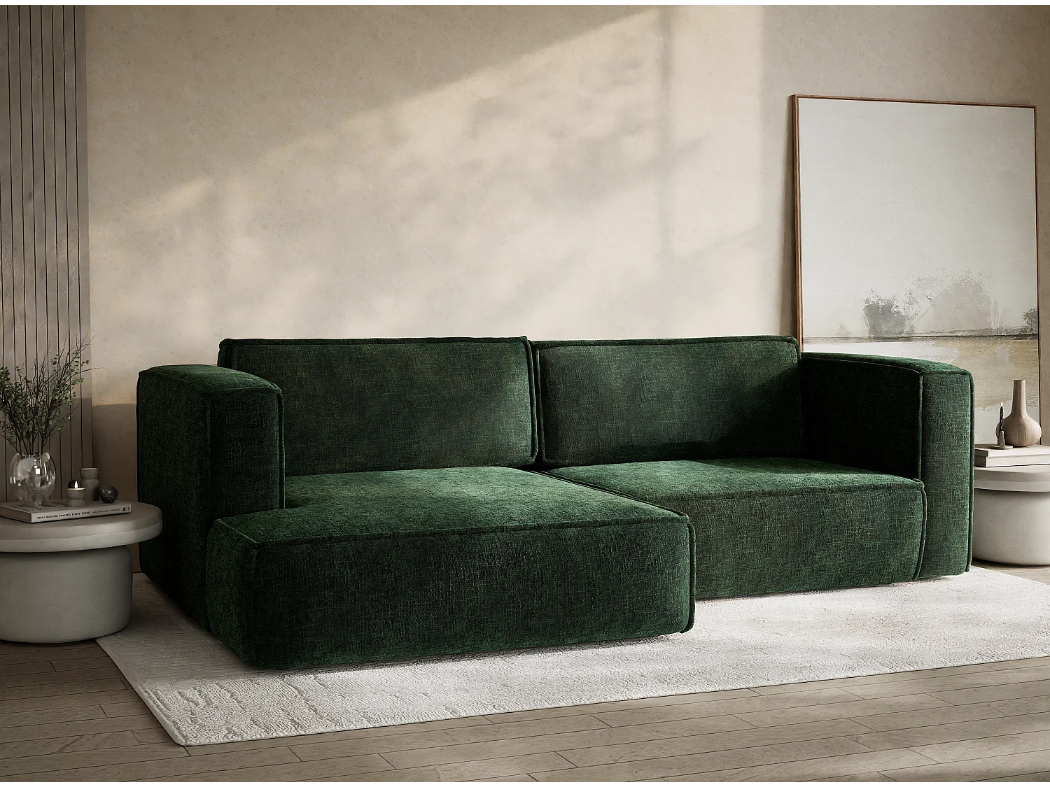 Canapé d'angle gauche avec fonction lit en tissu chenille vert foncé VELTO