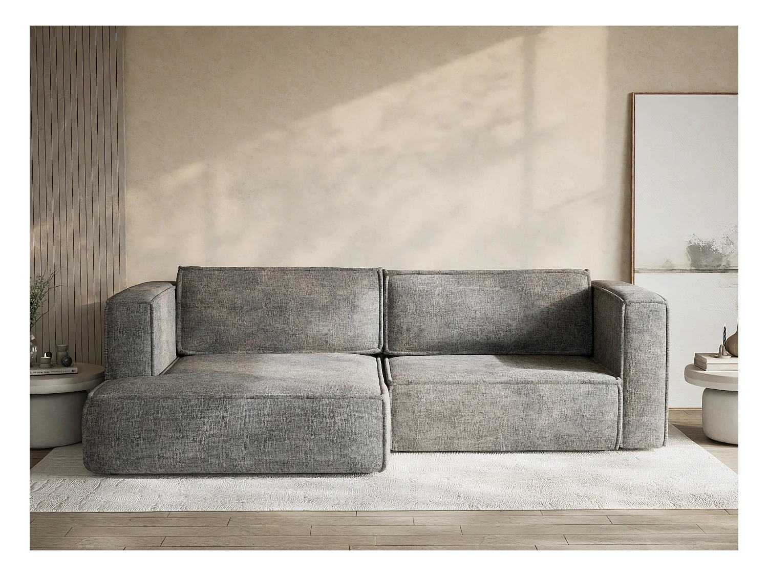 Canapé d'angle gauche avec fonction lit en tissu chenille gris VELTO