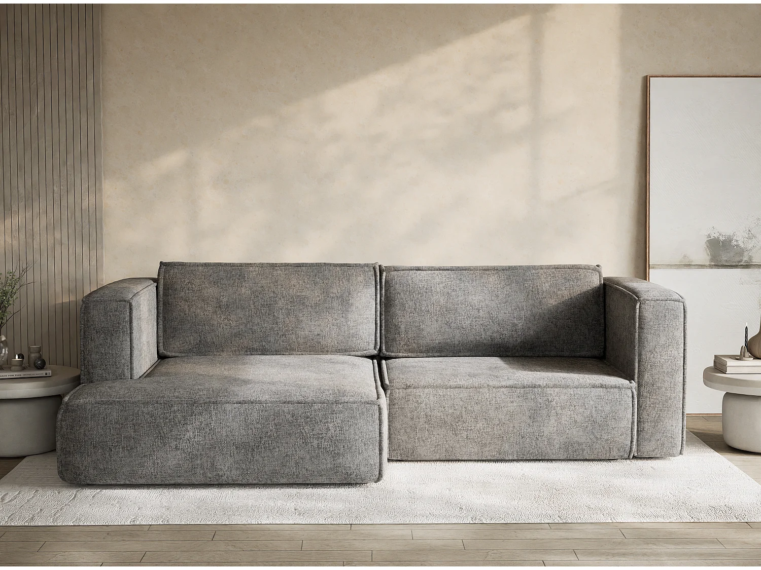 Canapé d'angle gauche avec fonction lit en tissu chenille gris VELTO