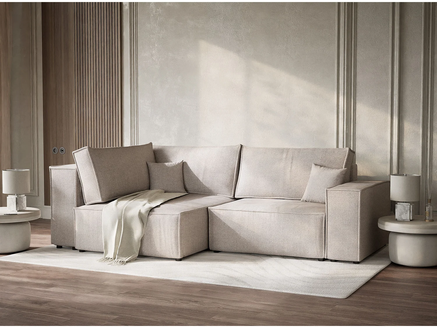 Canapé d'angle gauche avec fonction lit en tissu tressé beige TONGA