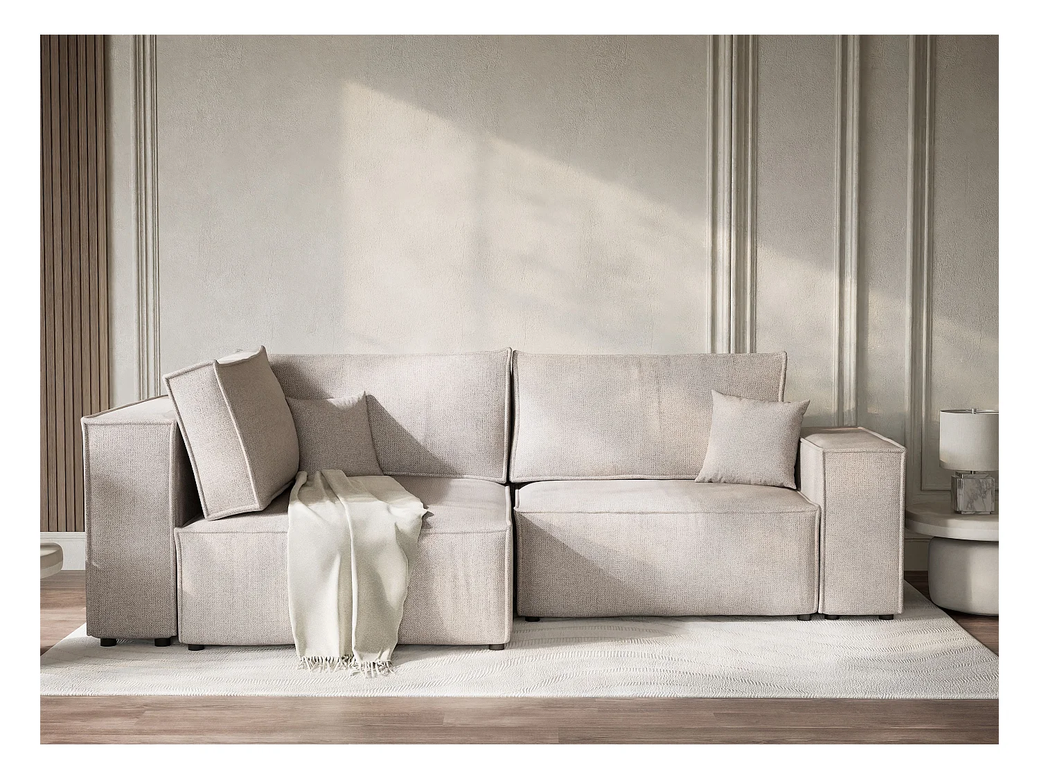 Canapé d'angle gauche avec fonction lit en tissu tressé beige TONGA