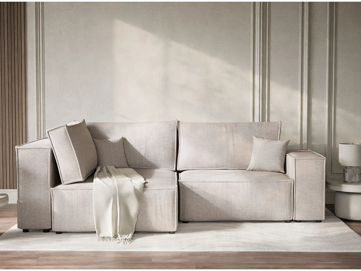 Canapé d'angle gauche avec fonction lit en tissu tressé beige TONGA