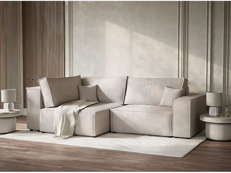 Canapé d'angle gauche avec fonction lit en tissu tressé beige TONGA