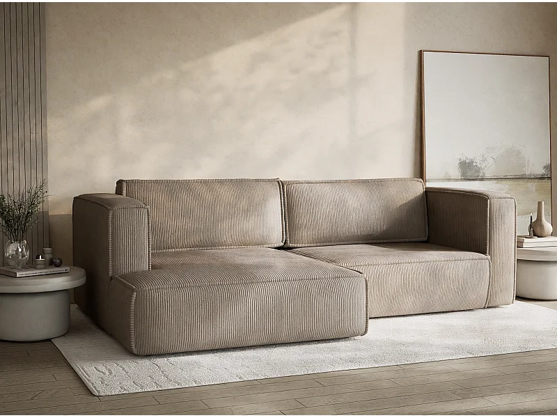 Canapé d'angle gauche avec fonction lit en velours beige foncé VELTO