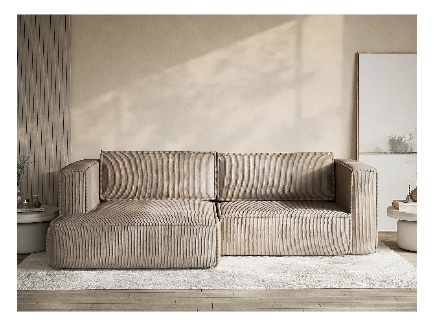 Canapé d'angle gauche avec fonction lit en velours beige foncé VELTO