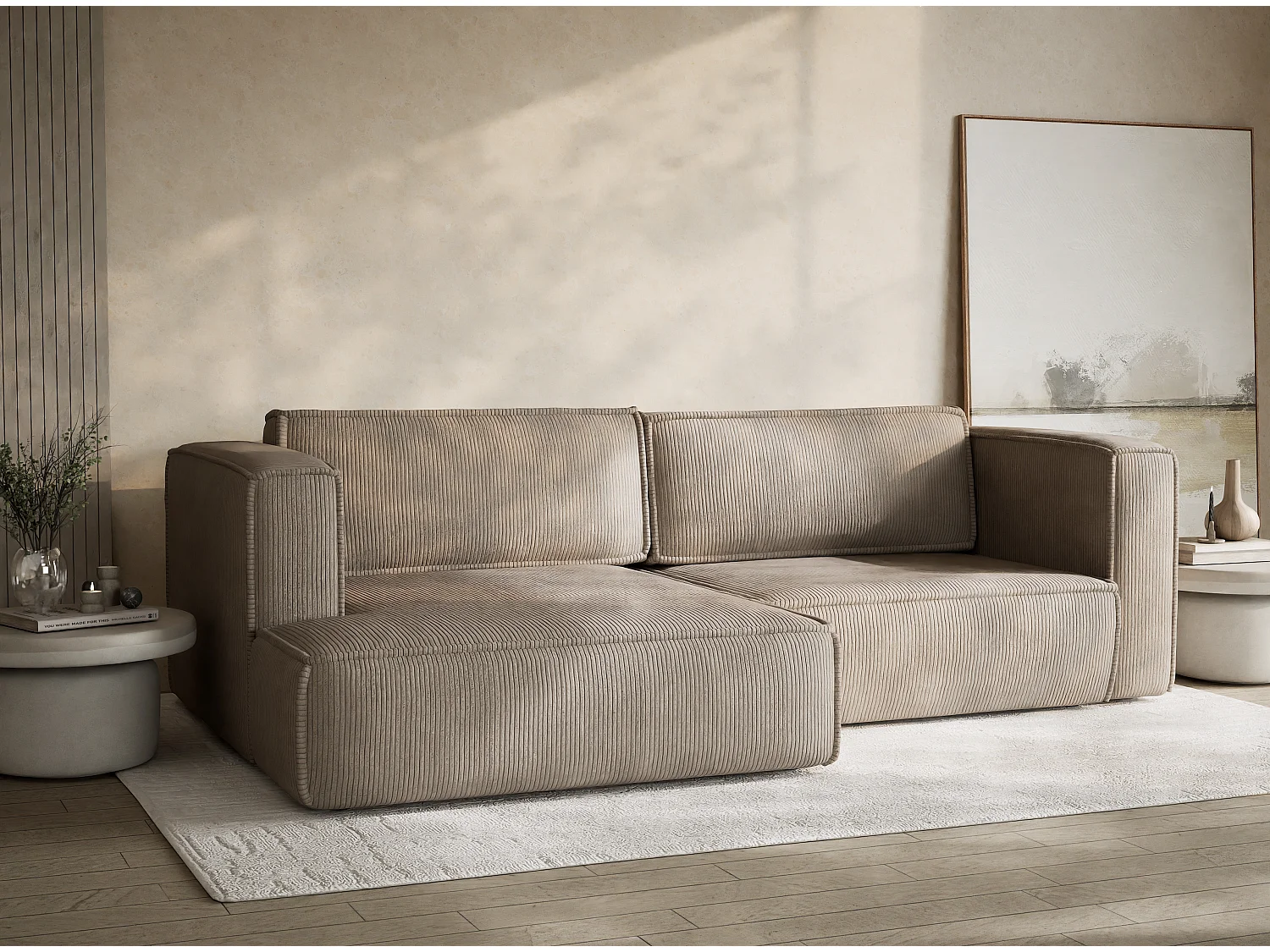 Canapé d'angle gauche avec fonction lit en velours beige foncé VELTO