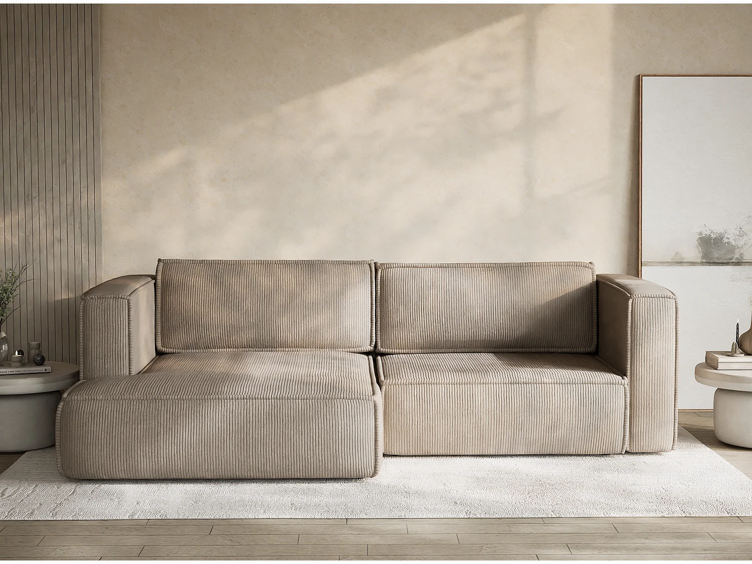 Canapé d'angle gauche avec fonction lit en velours beige foncé VELTO