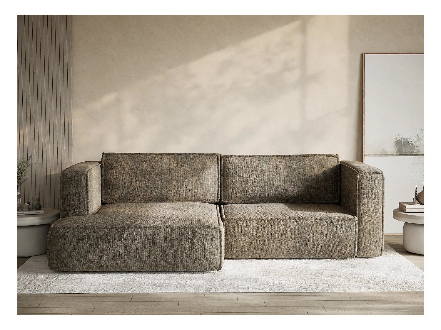 Canapé d'angle gauche avec fonction lit en tissu chenille taupe VELTO