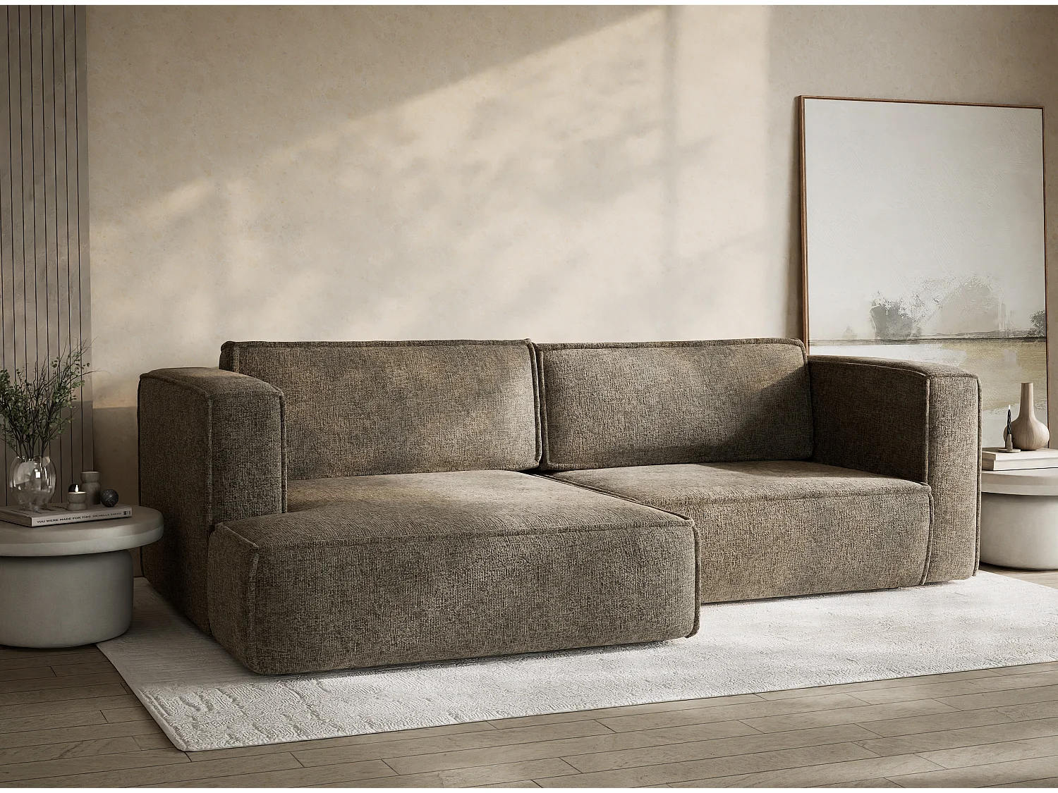 Canapé d'angle gauche avec fonction lit en tissu chenille brun VELTO