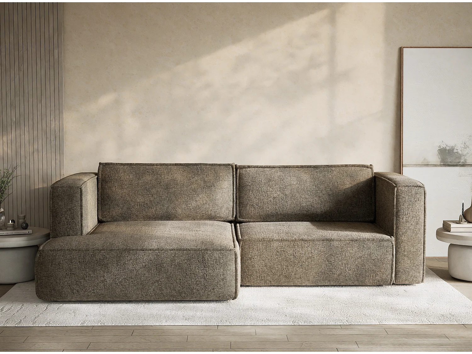 Canapé d'angle gauche avec fonction lit en tissu chenille brun VELTO