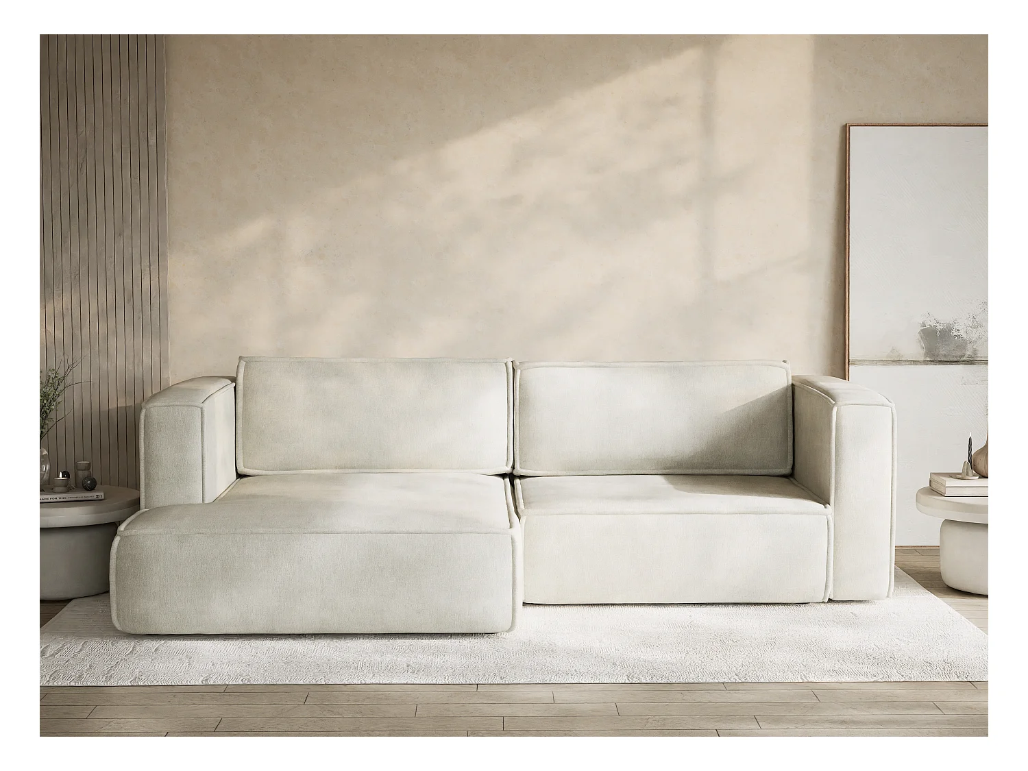 Canapé d'angle gauche avec fonction lit en tissu chenille creme VELTO