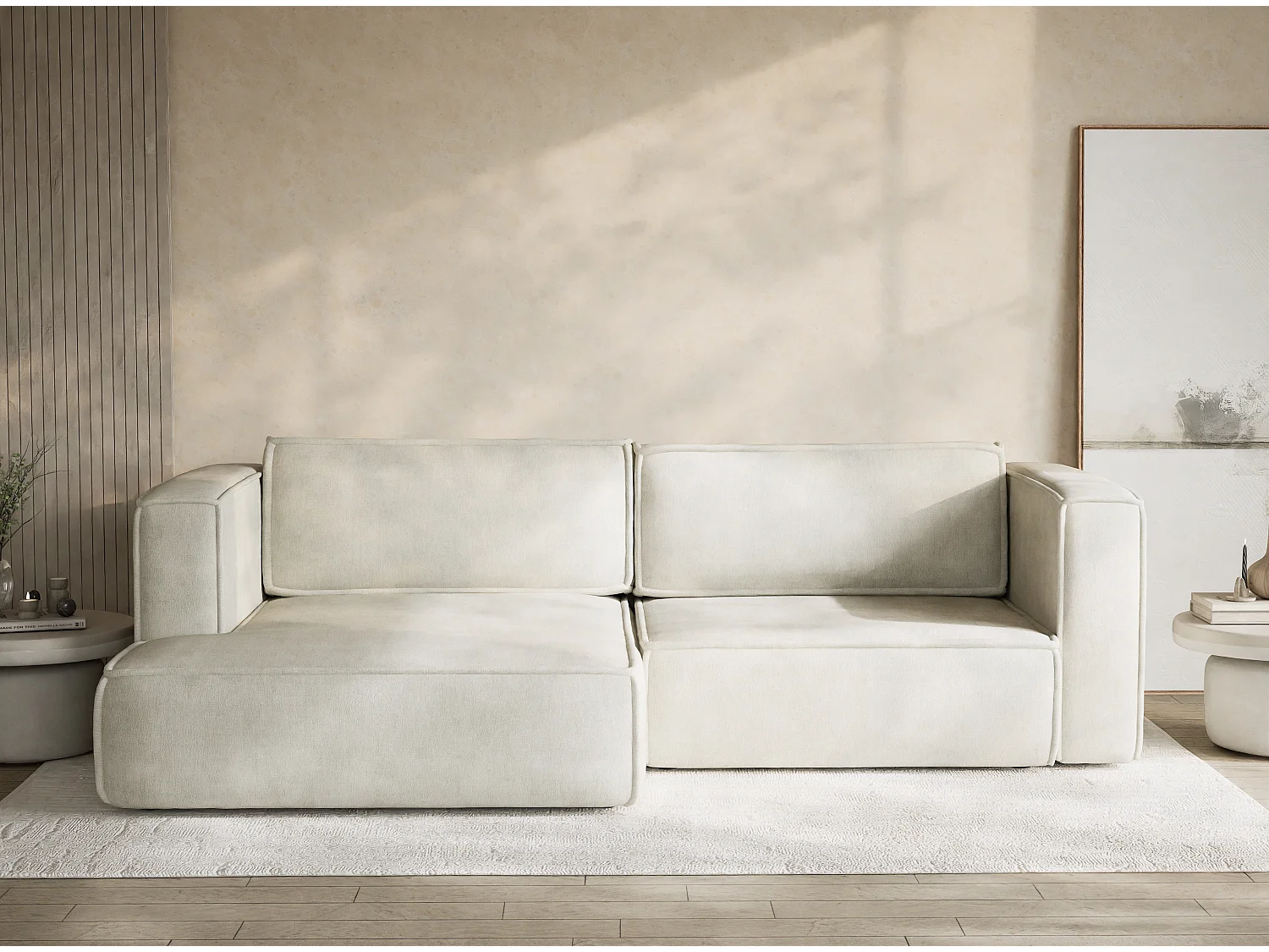 Canapé d'angle gauche avec fonction lit en tissu chenille creme VELTO