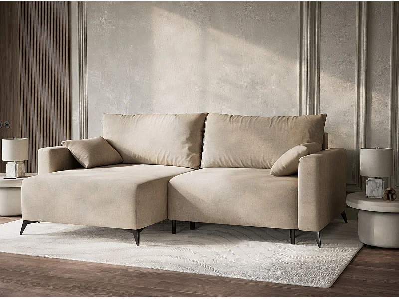 Canapé d'angle gauche avec fonction lit en tissu chenille beige LEON