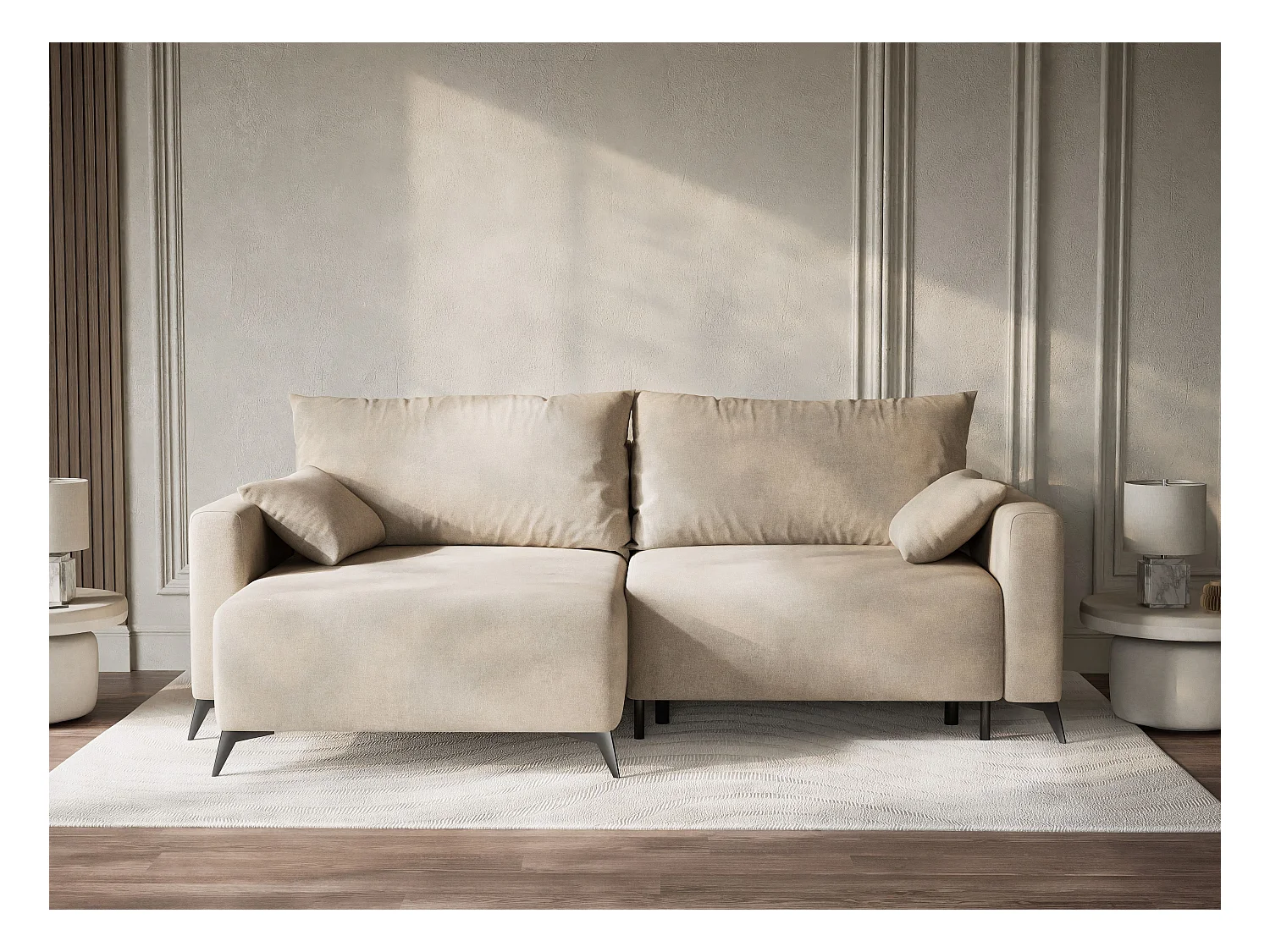 Canapé d'angle gauche avec fonction lit en tissu chenille beige LEON