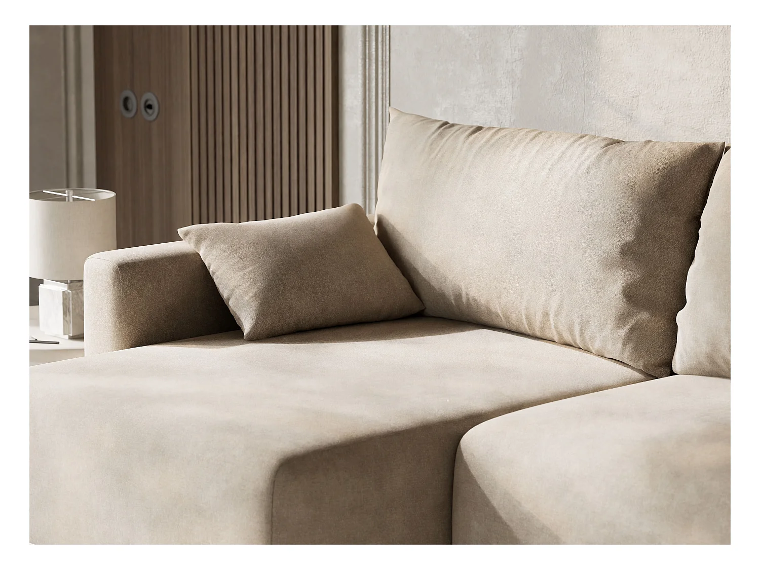 Canapé d'angle gauche avec fonction lit en tissu chenille beige LEON