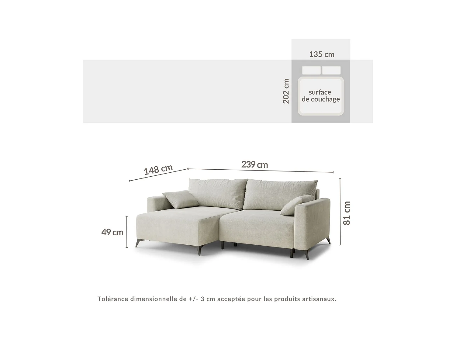 Canapé d'angle gauche avec fonction lit en tissu chenille beige LEON