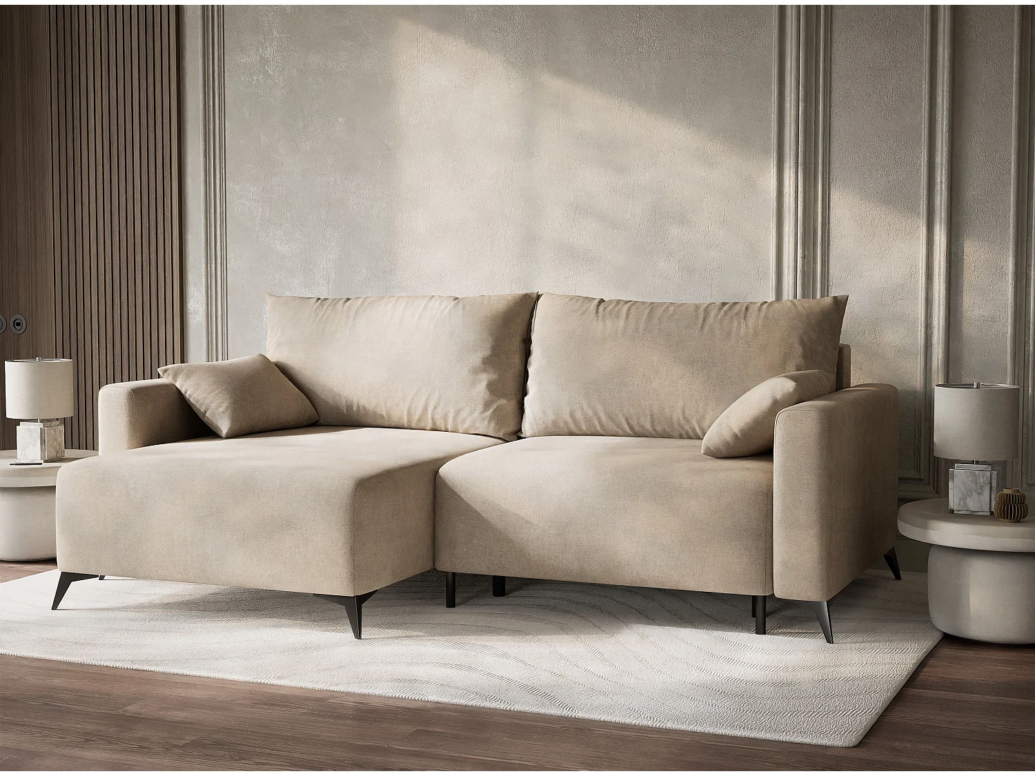 Canapé d'angle gauche avec fonction lit en tissu chenille beige LEON