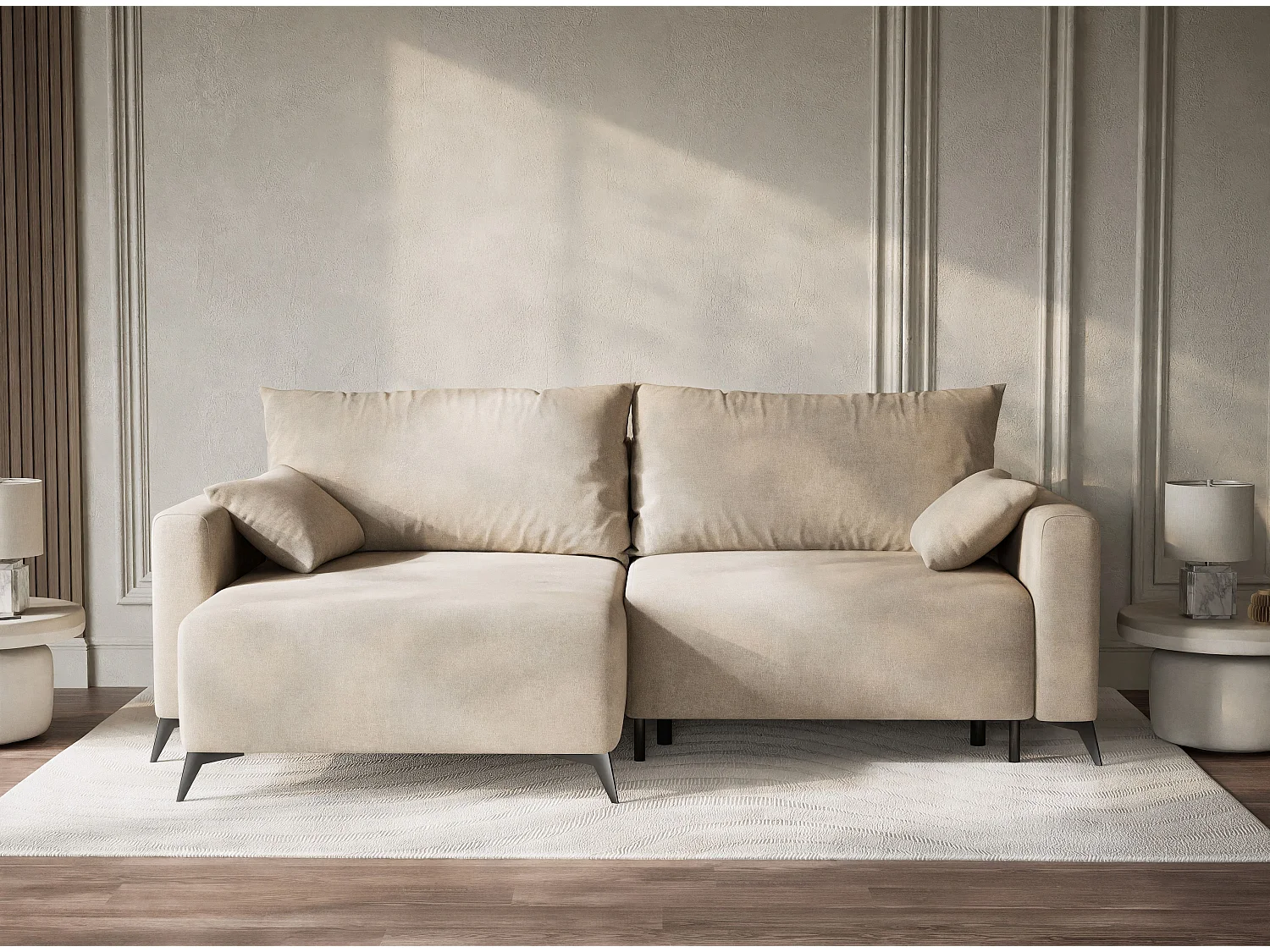 Canapé d'angle gauche avec fonction lit en tissu chenille beige LEON