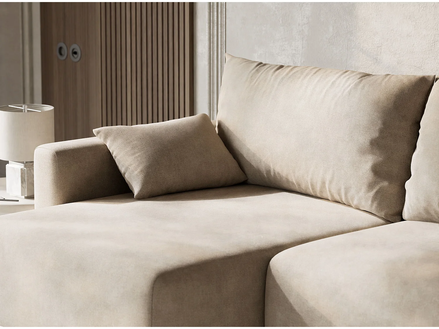 Canapé d'angle gauche avec fonction lit en tissu chenille beige LEON