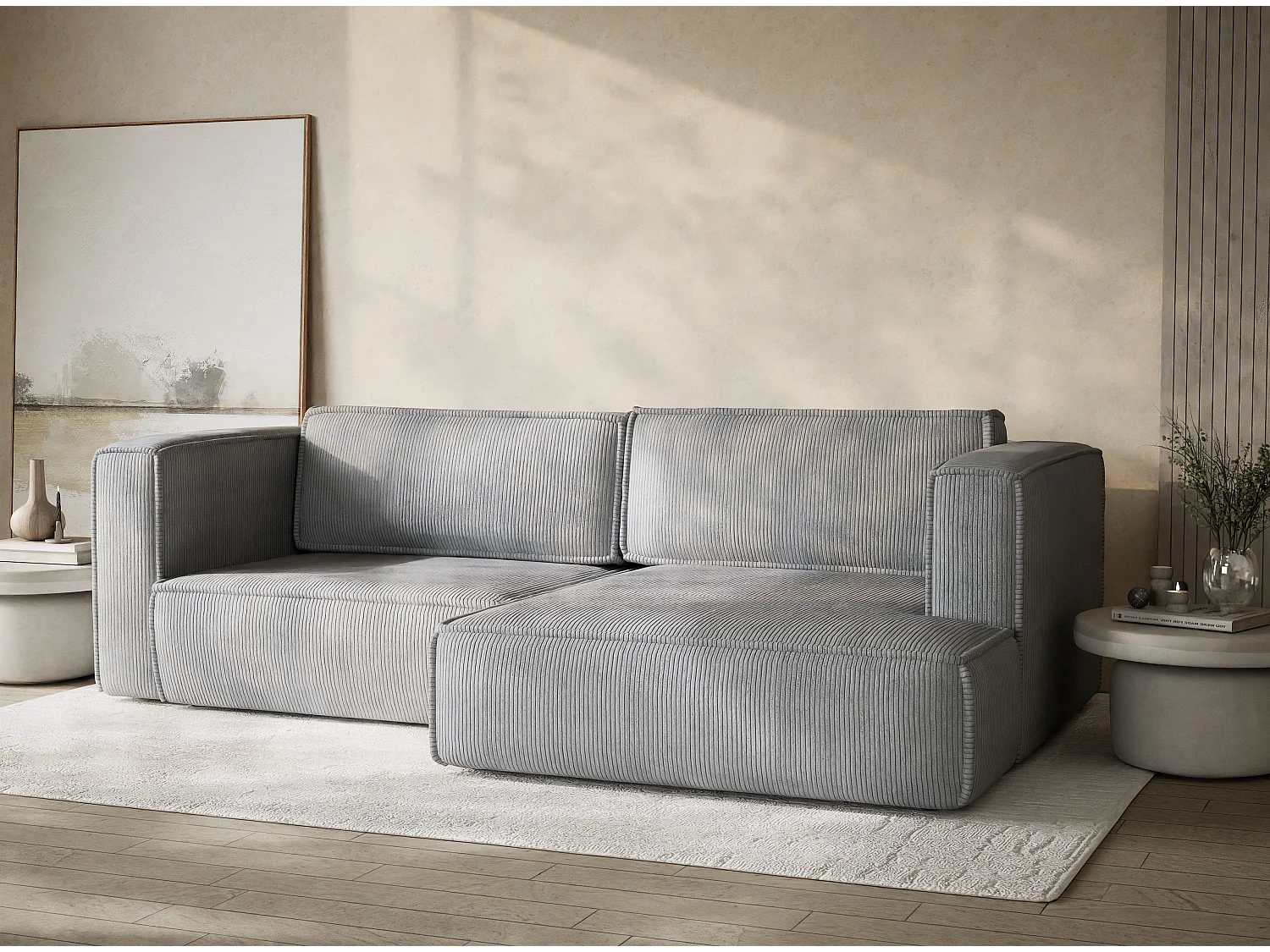 Canapé d'angle droit avec fonction lit en velours gris clair VELTO