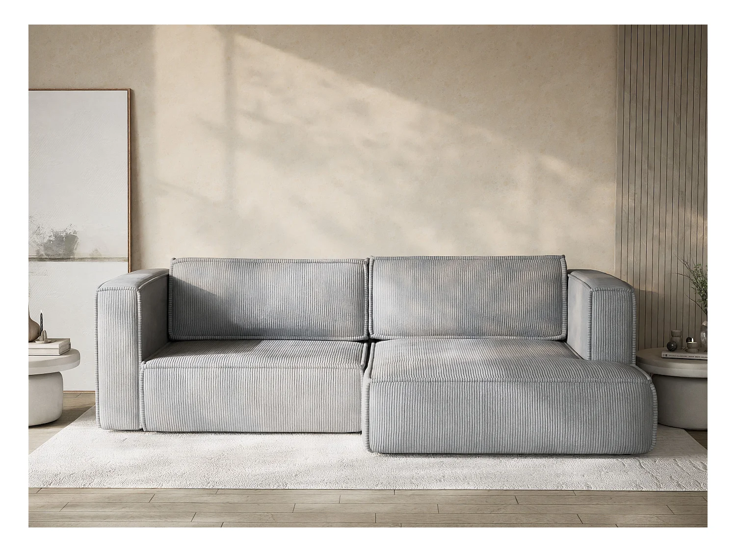 Canapé d'angle droit avec fonction lit en velours gris clair VELTO