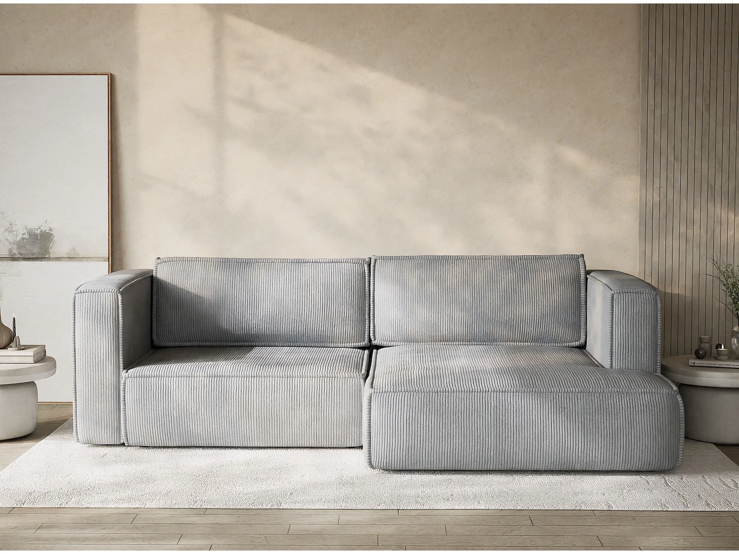 Canapé d'angle droit avec fonction lit en velours gris clair VELTO
