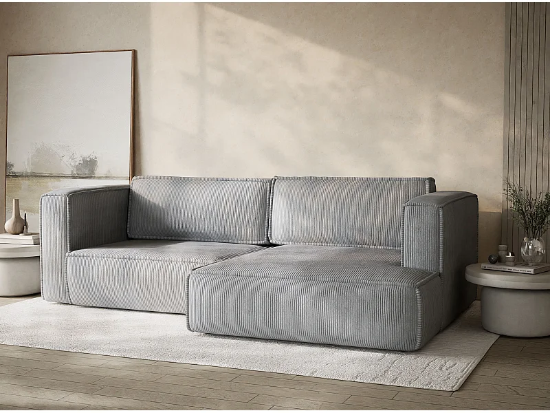 Ecksofa mit Schlaffunktion - Ecke Rechts - 3-Sitzer - Samtstoff - hellgrau - VELTO