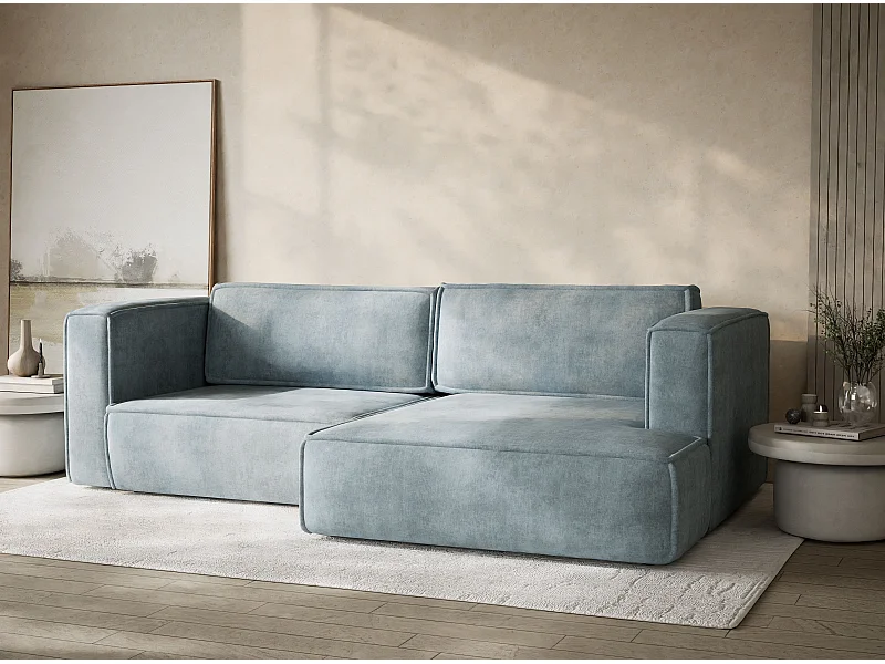 Canapé d'angle droit avec fonction lit en tissu chenille bleu clair VELTO