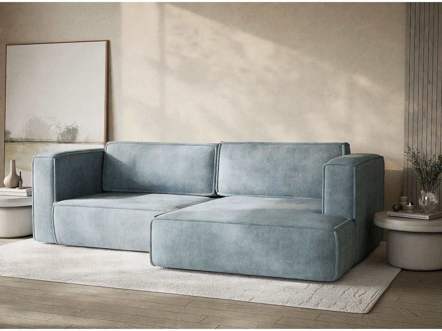 Canapé d'angle droit avec fonction lit en tissu chenille bleu clair VELTO