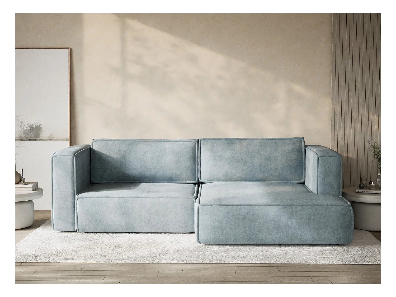 Canapé d'angle droit avec fonction lit en tissu chenille bleu clair VELTO