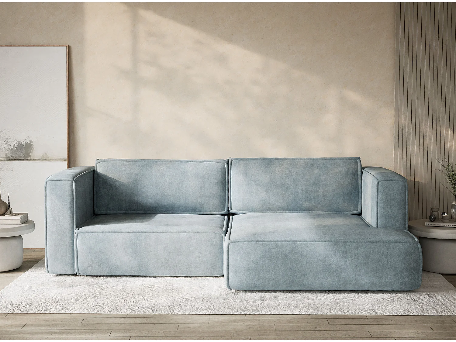 Canapé d'angle droit avec fonction lit en tissu chenille bleu clair VELTO