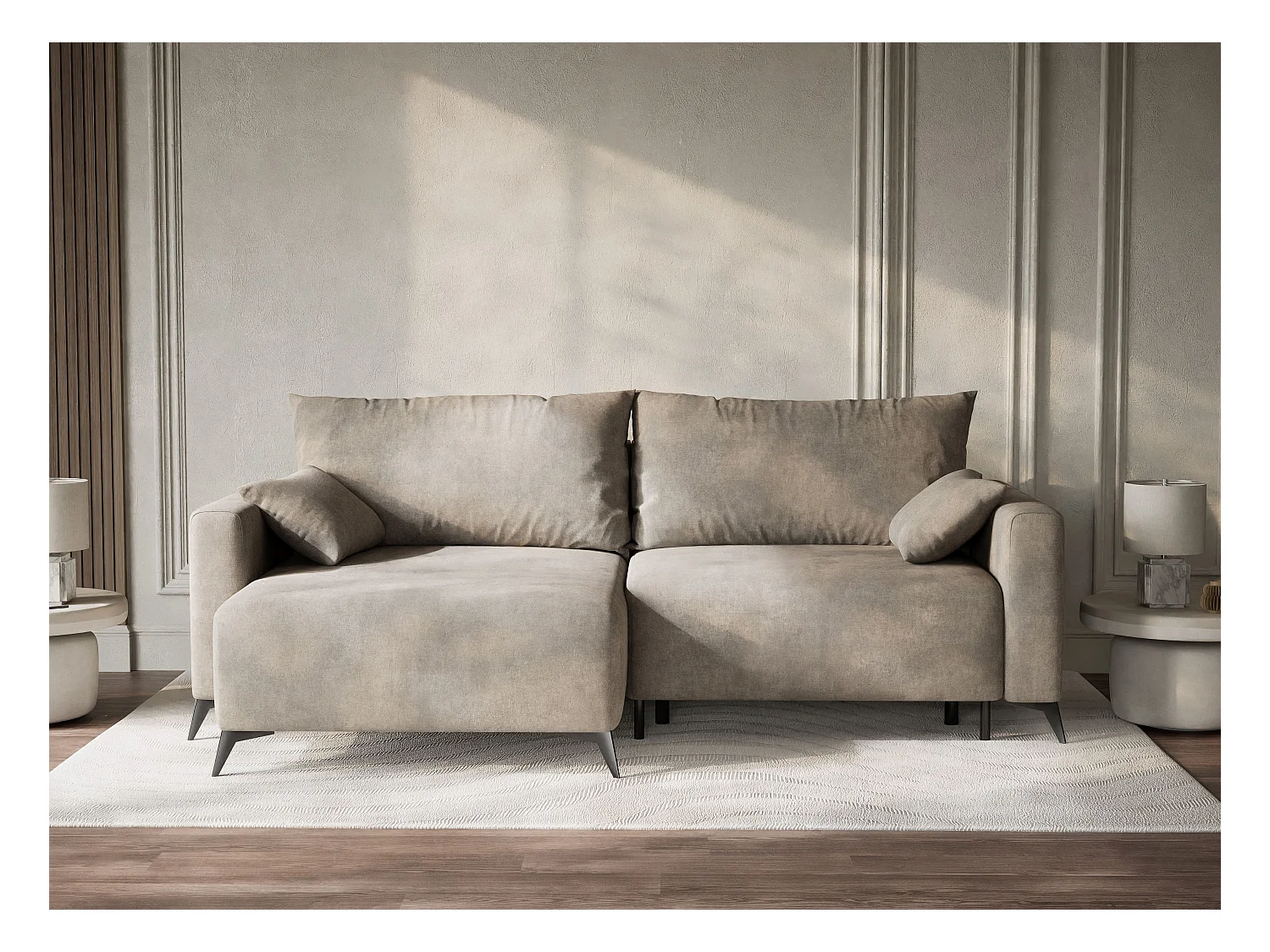 Canapé d'angle gauche avec fonction lit en tissu chenille taupe LEON