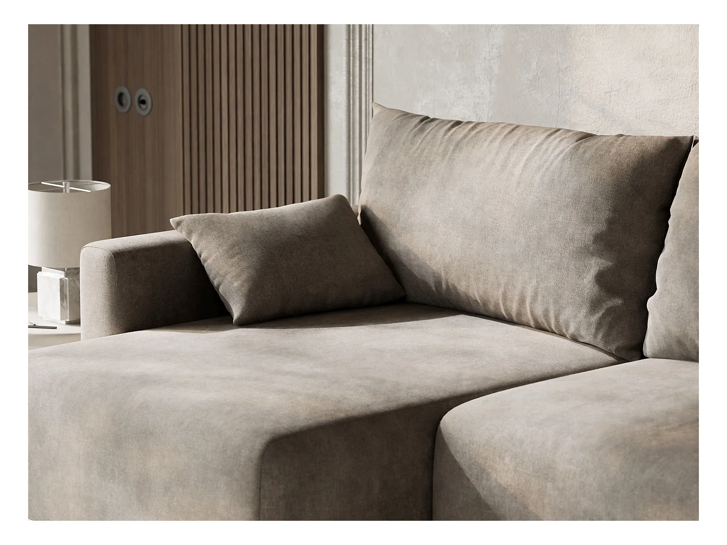 Canapé d'angle gauche avec fonction lit en tissu chenille taupe LEON