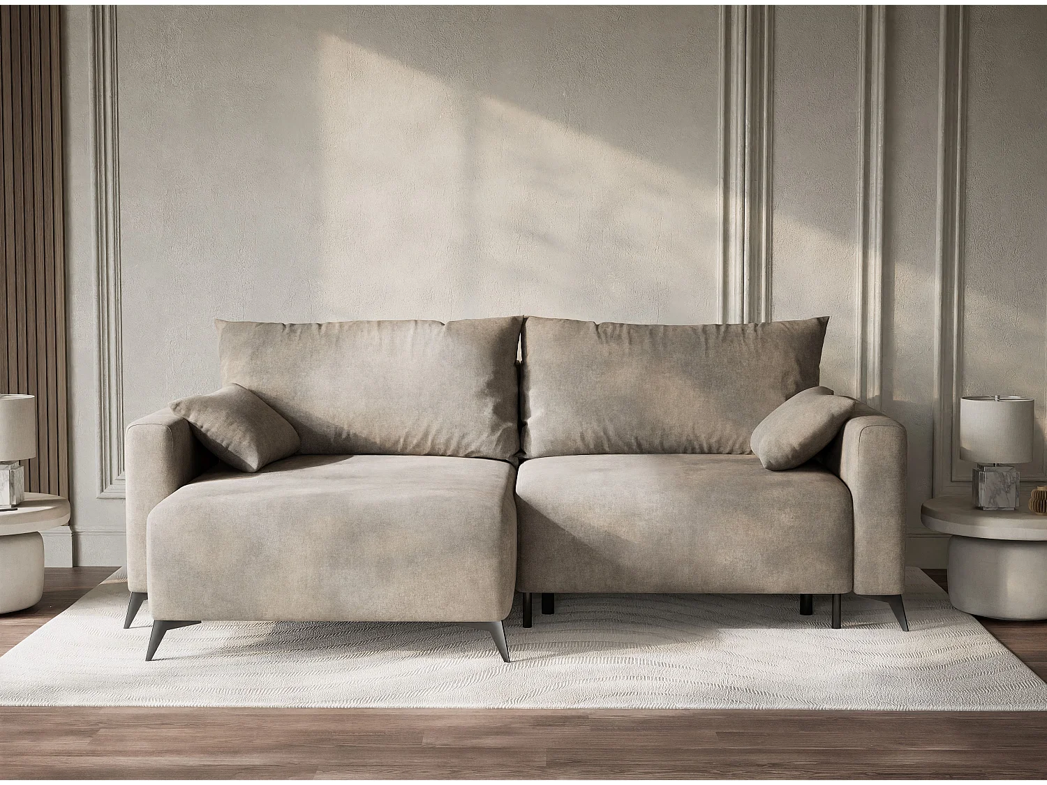 Canapé d'angle gauche avec fonction lit en tissu chenille taupe LEON