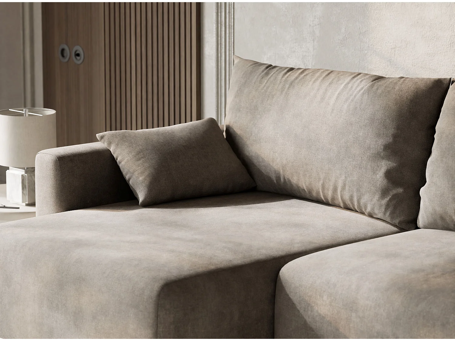 Canapé d'angle gauche avec fonction lit en tissu chenille taupe LEON