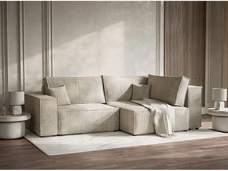 Canapé d'angle droit avec fonction lit en tissu chenille beige TONGA